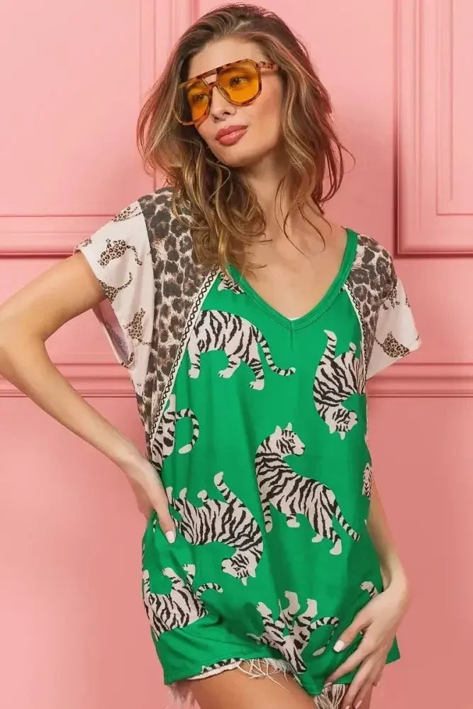 BiBi Tiger Printed Jersey Block T-Shirt with Aztec Trim - Update AvenueT-ShirtsTrendsi100100234031481100100234031481fa32d909ee6f47c2bce47c5948fe600b - Max - OriginGREEN