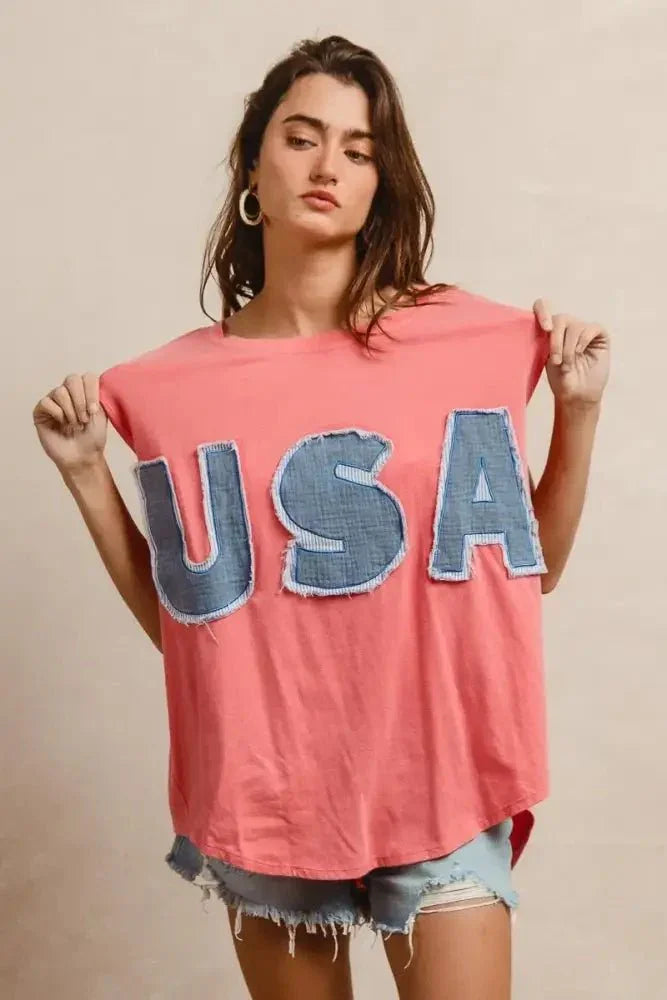 BiBi Washed Jersey With Usa Patched Raw Cut Edge Detail - Update AvenueT-ShirtsTrendsi1001000592014961001000592014966572e38db37f4744984378196ce6fc1e - Max - OriginCORAL/DENIM