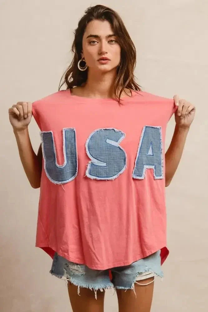 BiBi Washed Jersey With Usa Patched Raw Cut Edge Detail - Update AvenueT-ShirtsTrendsi100100059201496100100059201496d27b4c4b71f54e80be5a9ccf4d5df7df - Max - OriginCORAL/DENIM
