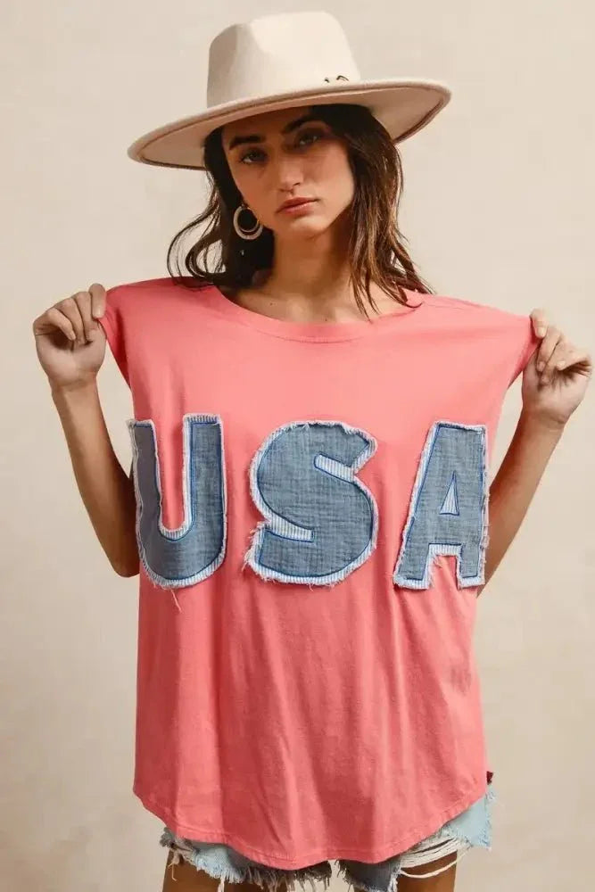 BiBi Washed Jersey With Usa Patched Raw Cut Edge Detail - Update AvenueT-ShirtsTrendsi1001000592014961001000592014965e349edc628848779e1fb346c094f214 - Max - OriginCORAL/DENIM