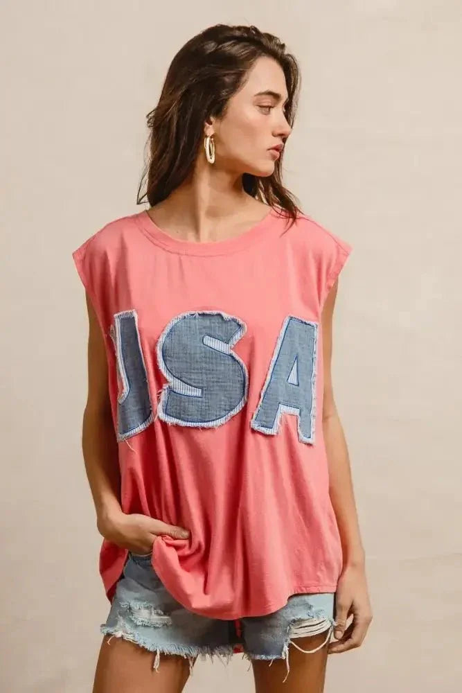 BiBi Washed Jersey With Usa Patched Raw Cut Edge Detail - Update AvenueT-ShirtsTrendsi100100059201496100100059201496fed2010f63354e42b7930d20ab736722 - Max - OriginCORAL/DENIM