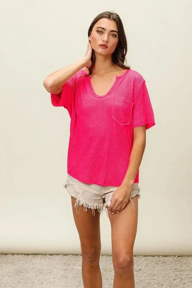 BiBi Waved Rib U Neck Top With Front Pocket - Update AvenueT-ShirtsTrendsi1001003129211481001003129211488e9490a62b7a41b8b253a0e8f87531d3 - Max - OriginFUCHSIA