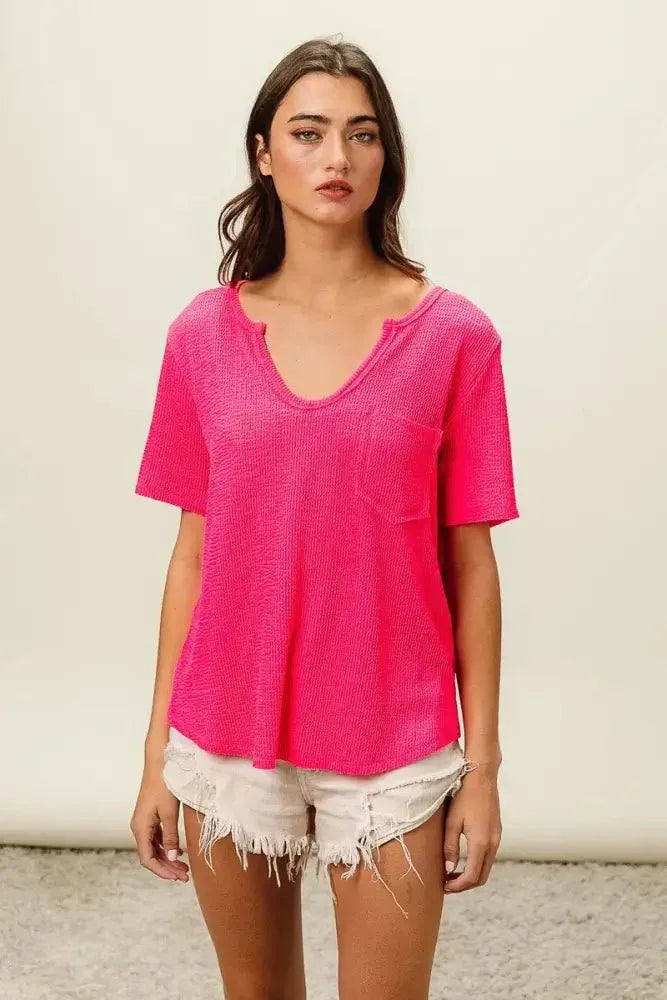 BiBi Waved Rib U Neck Top With Front Pocket - Update AvenueT-ShirtsTrendsi1001003129211481001003129211488a9d56196fcb449fbcafd585e5e8ea1c - Max - OriginFUCHSIA