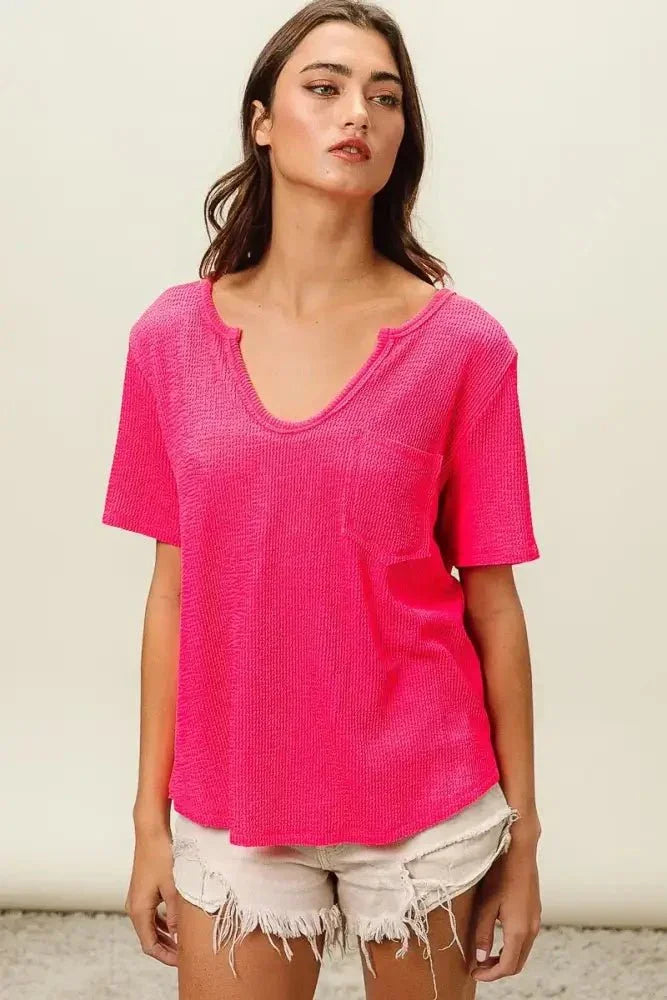 BiBi Waved Rib U Neck Top With Front Pocket - Update AvenueT-ShirtsTrendsi10010031292114810010031292114829654667b7da49209e89d5264922b2cc - Max - OriginFUCHSIA