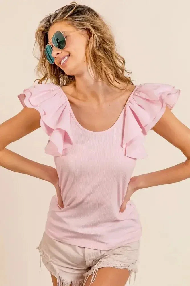 BiBi Wide Layered Ruffle Sleeve Scoop Neck Ribbed Top - Update AvenueT-ShirtsTrendsi100100343481127100100343481127ec2e064eb370475785276d4f7dd9530f - Max - OriginLT PINK