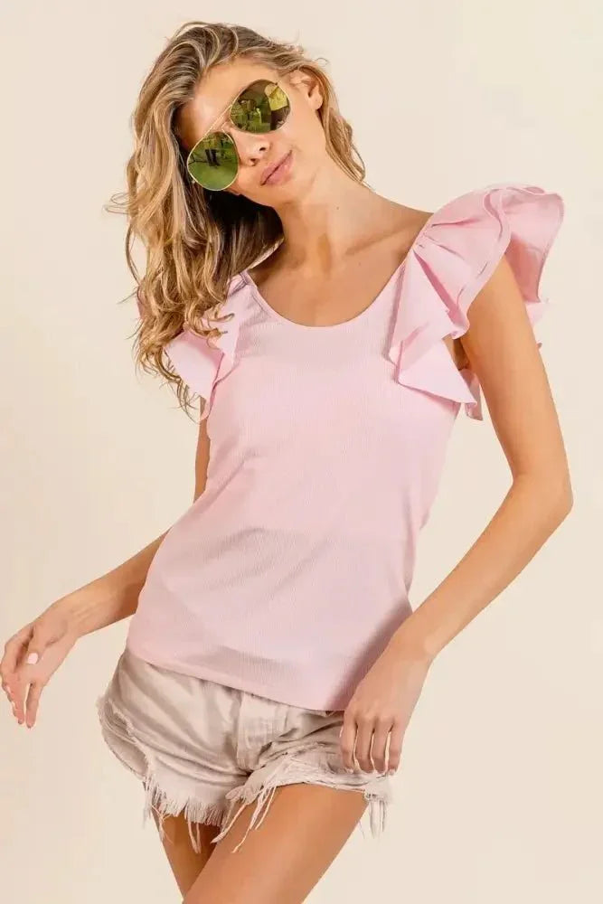 BiBi Wide Layered Ruffle Sleeve Scoop Neck Ribbed Top - Update AvenueT-ShirtsTrendsi1001003434811271001003434811274e0212616e774ef0886b301b143ec140 - Max - OriginLT PINK