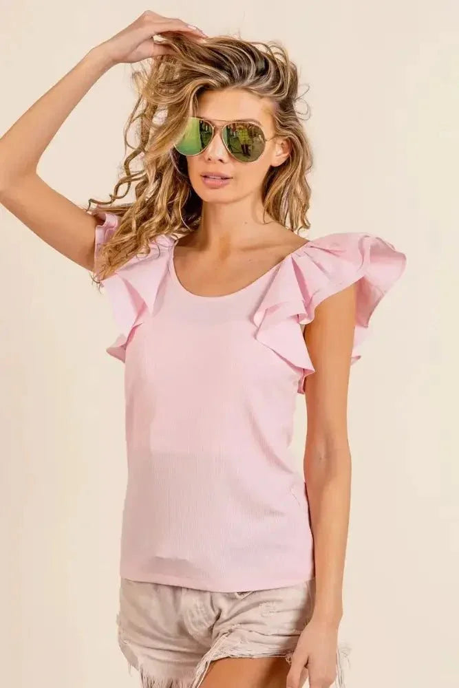 BiBi Wide Layered Ruffle Sleeve Scoop Neck Ribbed Top - Update AvenueT-ShirtsTrendsi100100343481127100100343481127fa378666b2bd47efbaa3767fea866127 - Max - OriginLT PINK