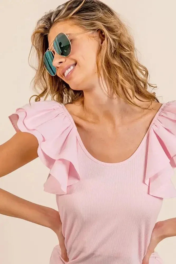 BiBi Wide Layered Ruffle Sleeve Scoop Neck Ribbed Top - Update AvenueT-ShirtsTrendsi100100343481127100100343481127db95cb8f7d804f298d8f463844f5fe51 - Max - OriginLT PINK