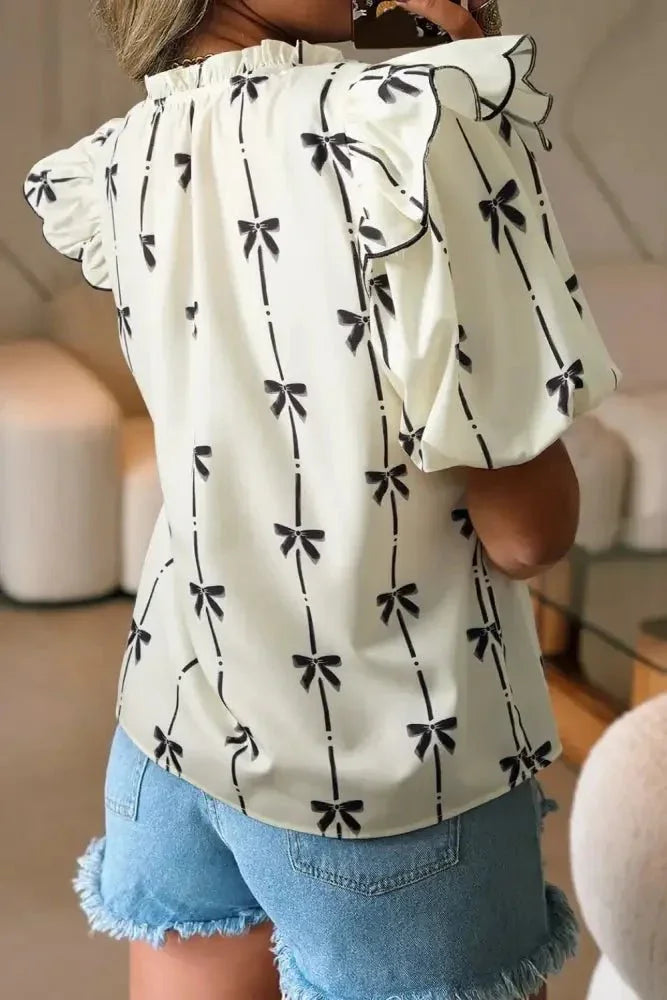 Bow Print Tie Neck Short Sleeve Blouse - Update AvenueVacation StyleTrendsi100100733236571100100733236571675b5b24 - bf38 - 465d - abea - 9d2699b7d201 - MaxIvory