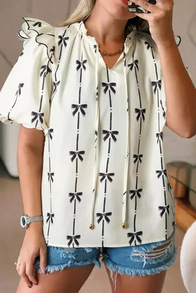 Bow Print Tie Neck Short Sleeve Blouse - Update AvenueVacation StyleTrendsi100100733236571100100733236571cf280db2 - 94ee - 4cae - a8ce - 91a7f822b618 - MaxIvory