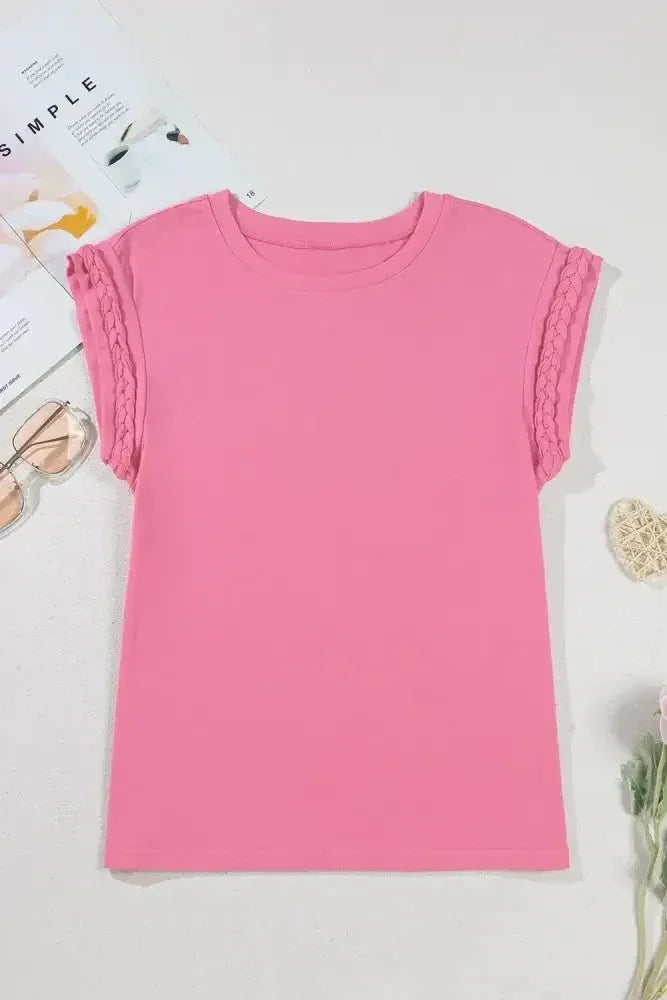 Braided Cap Sleeve Crew Neck T Shirt - Update AvenueT-ShirtsTrendsi10010081606049210010081606049278756cb5 - d93d - 4f69 - a8e9 - fef7b917b7de - Max - OriginFuchsia Pink