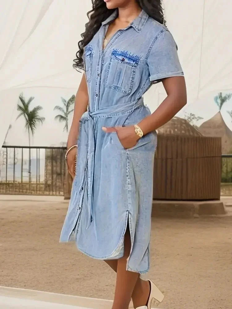 Button Front Short Sleeve Denim Dress - Update AvenueDenim Dresses & SkirtsTrendsi100100123282549100100123282549e832296c - 085c - 44b7 - a948 - ce0f0e00b377 - Max - OriginLight Blue