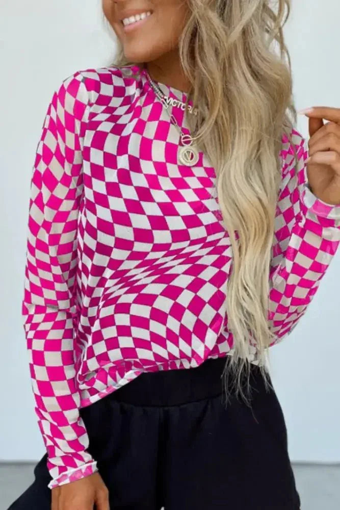 Checkered Mock Neck Long Sleeve Blouse - Update AvenueTrendsi100100397391276100100397391276ba4419d3 - 10d4 - 41cd - a018 - c0a7de45d71c - MaxHot Pink