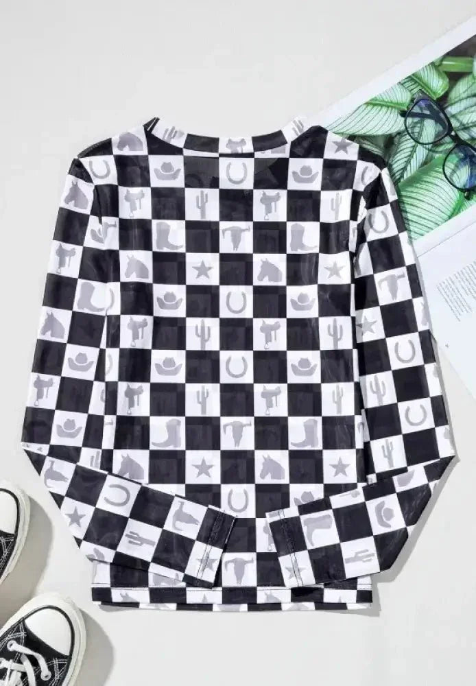 Checkered Mock Neck Long Sleeve Top - Update AvenueTrendsi10010074357112510010074357112561918d88 - 476f - 4f08 - a8da - 04ab4bce1e62 - MaxBlack