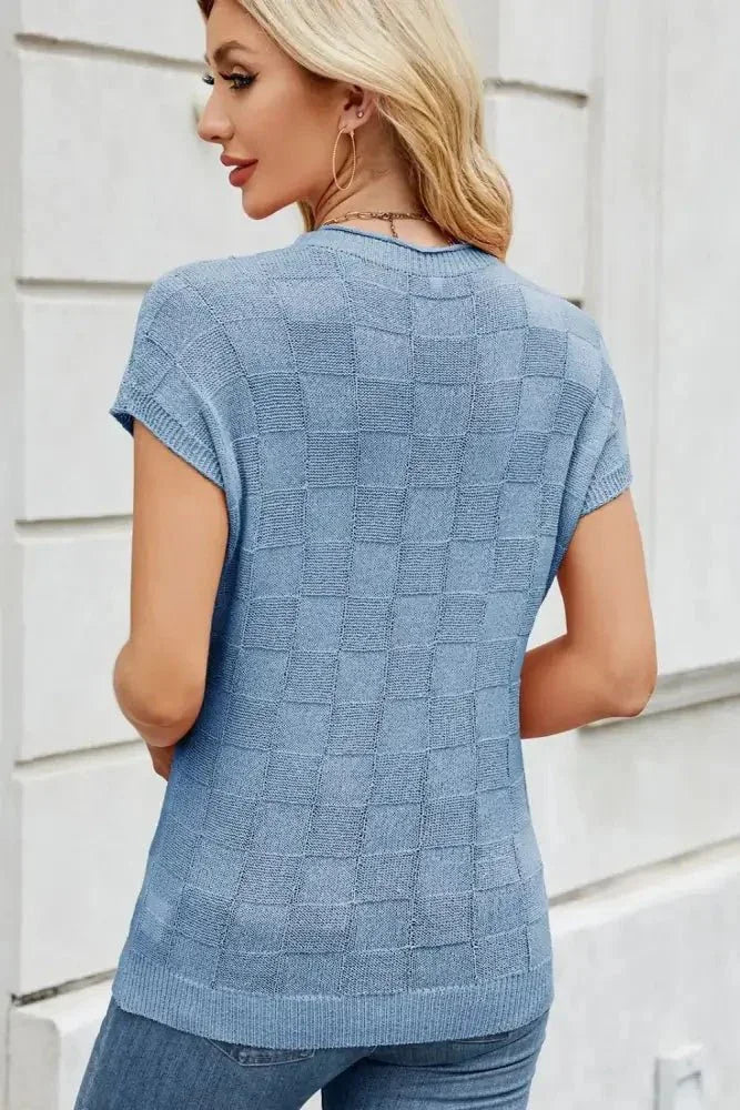 Checkered Round Neck Short Sleeve Knit Top - Update AvenueTrendsi100100700536540100100700536540a2ff866f - 38b0 - 4808 - bdec - a862b72a8086 - MaxSky Blue