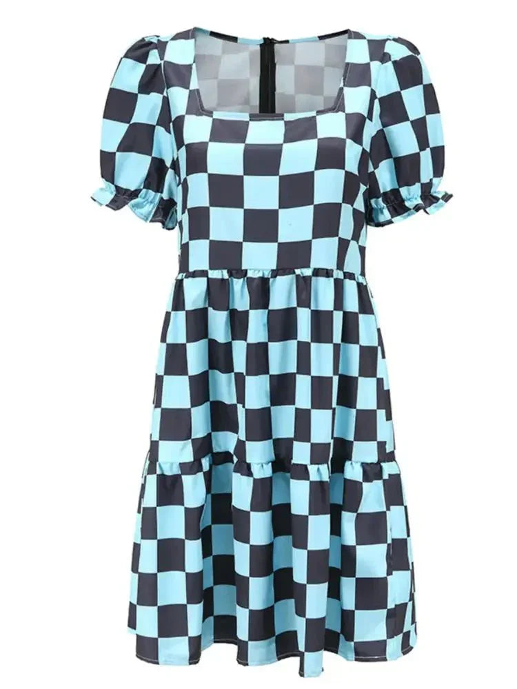 Checkered Short Sleeve Tiered Mini Dress - Update AvenueTrendsi1001000938904321001000938904327150679835b74e1287521117a09bd46d - Max - OriginSky Blue