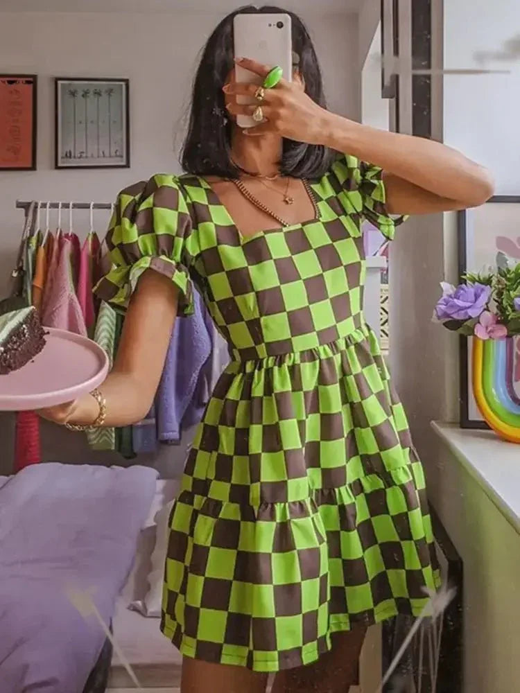 Checkered Short Sleeve Tiered Mini Dress - Update AvenueTrendsi10010009389718210010009389718239f9b11e78c14a12869127de78ce5279 - Max - OriginGreen