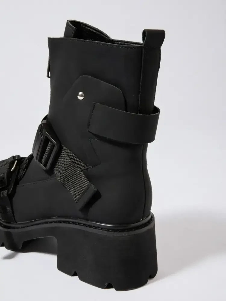 Chunky Platform Boots with Buckle Straps and Front Zip