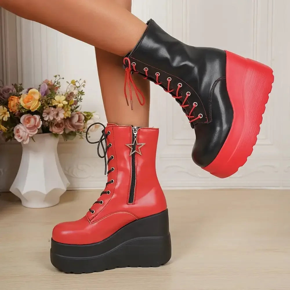 Color Block Platform Wedge Boots