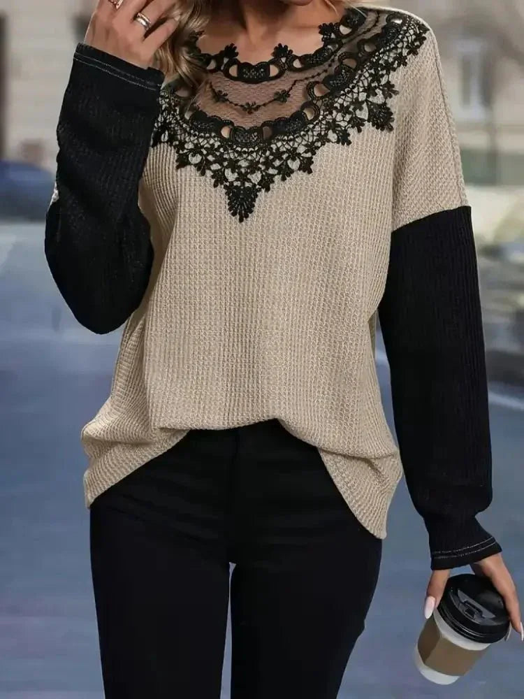 Contrast Lace Round Neck Long Sleeve T-Shirt - Update AvenueT-ShirtsTrendsi100100609041059100100609041059e340dc23 - cc2b - 4ce4 - 880c - 634587f3aa21 - Max - OriginKhaki
