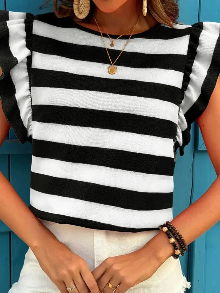 Contrast Striped Ruffle Sleeve T-Shirt - Update AvenueT-ShirtsTrendsi100100395743093100100395743093c85ea029c3ca4856b0e5f48bb9051366 - Max - OriginBlack