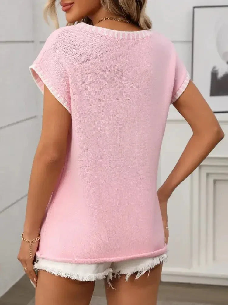 Contrast Trim V - Neck Short Sleeve Knit Top - Update AvenueDaily EssentialsTrendsi1001003427255151001003427255151f71e396 - de3a - 48f6 - aedd - 3df627a5026d - MaxBlush Pink