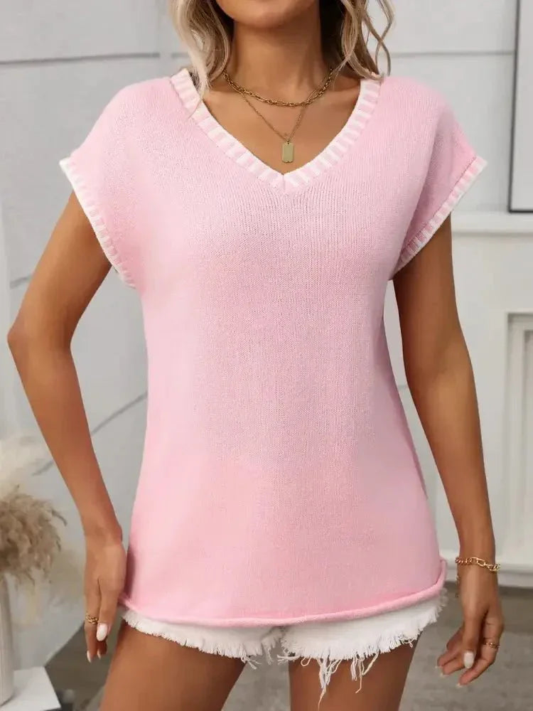 Contrast Trim V - Neck Short Sleeve Knit Top - Update AvenueDaily EssentialsTrendsi10010034272551510010034272551558213218 - aaed - 4e06 - b57a - ff5831d43a1e - MaxBlush Pink