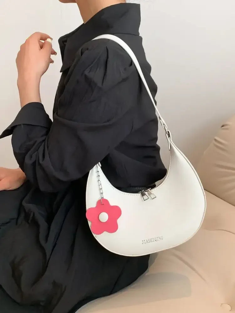 Crescent Shoulder Bag with Flower Charm