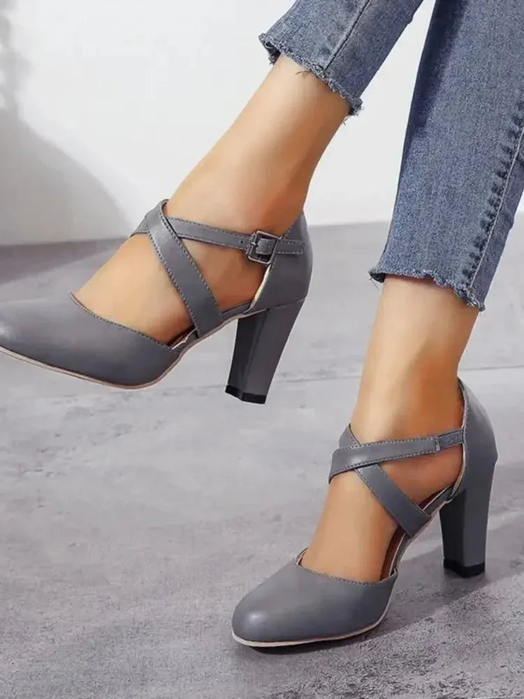 Cross - Strap Block Heel Pumps - Update AvenueTrendsi100600273549019100600273549019Cross - Strap Block Heel PumpsGray