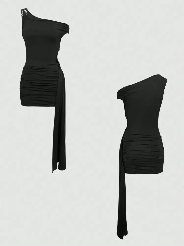 Cutout Asymmetrical Shoulder Mini Dress