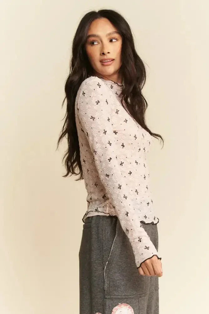 Davi & Dani Ribbon Bow Lace Hem Long Sleeve Mesh Layering Top - Update AvenueT-ShirtsTrendsi10010094678104310010094678104353997b48b3524a6fb4e2113f5112bb58 - Max - OriginPINK