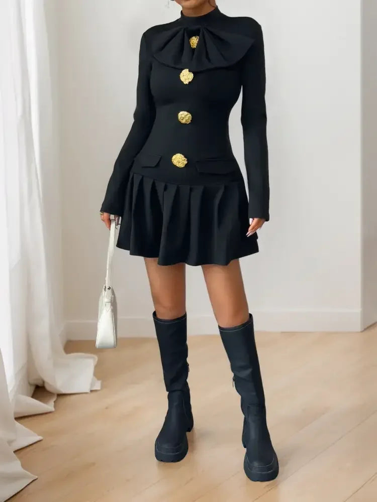 Decorative Button Mock Neck Long Sleeve Mini Dress
