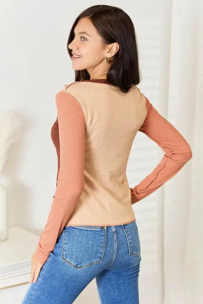 Double Take Color Block Exposed Seam Long Sleeve Top - Update AvenueTrendsi100101462155642100101462155642e7d32344bdb6428ebe1a9cd4d8484aba - MaxBrown
