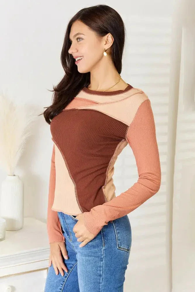 Double Take Color Block Exposed Seam Long Sleeve Top - Update AvenueTrendsi100101462155642100101462155642ccd3e282361d42209c617ebc7160d36c - MaxBrown