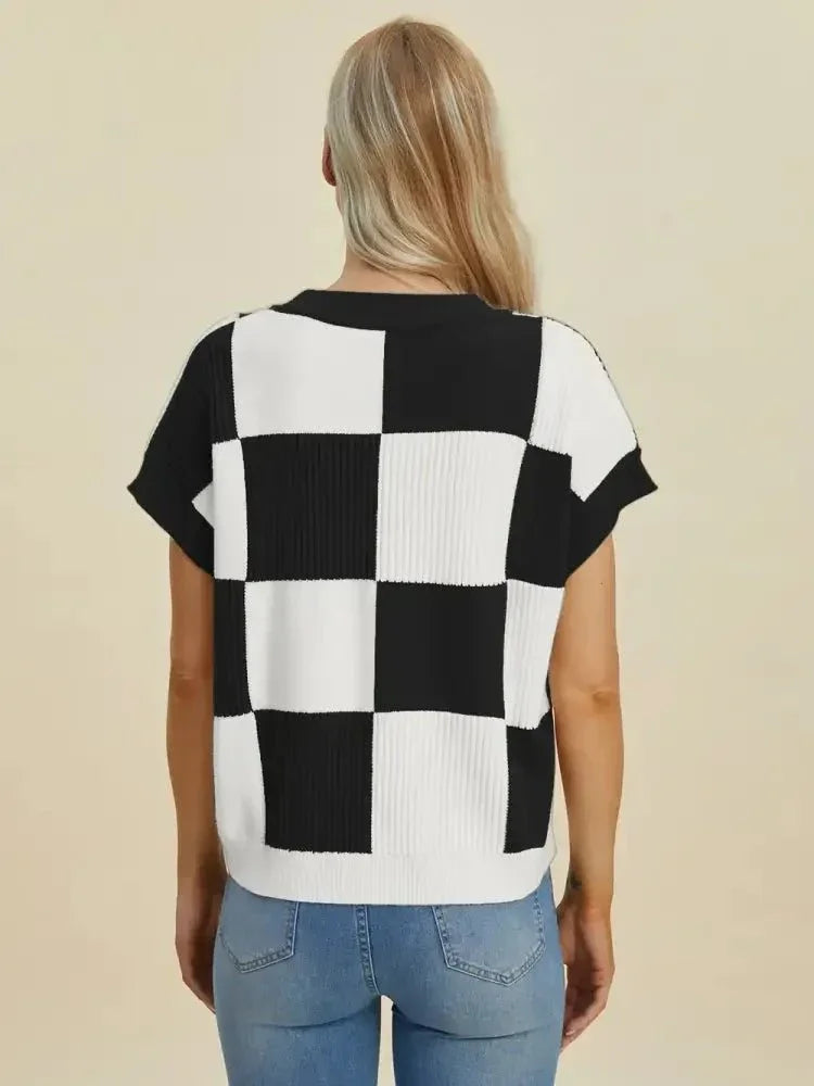 Double Take Full Size Checkered Round Neck Short Sleeve Sweater - Update AvenueTrendsi100100929291311100100929291311596154b8 - aa1a - 4fec - aa93 - c5bc2dc0e806 - MaxBlack