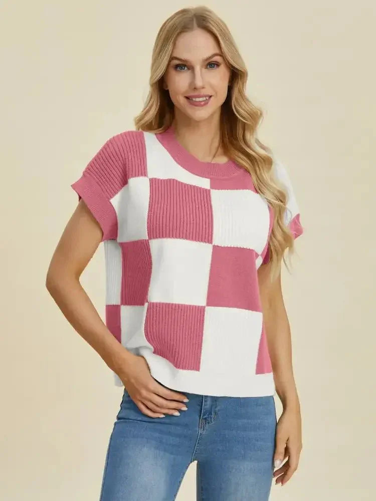 Double Take Full Size Checkered Round Neck Short Sleeve Sweater - Update AvenueTrendsi1001009292913541001009292913540a07aa8a - e586 - 4634 - bc7b - 4f445bd58a8a - MaxDusty Pink
