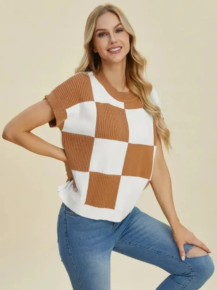Double Take Full Size Checkered Round Neck Short Sleeve Sweater - Update AvenueTrendsi100100929291934100100929291934b690a706 - eac8 - 4c6e - bd82 - e82596f87a75 - MaxCamel