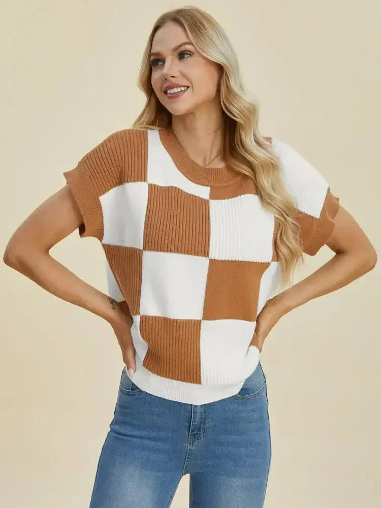 Double Take Full Size Checkered Round Neck Short Sleeve Sweater - Update AvenueTrendsi1001009292919341001009292919346985d68c - f5dd - 4124 - b751 - f7f6f155f262 - MaxCamel