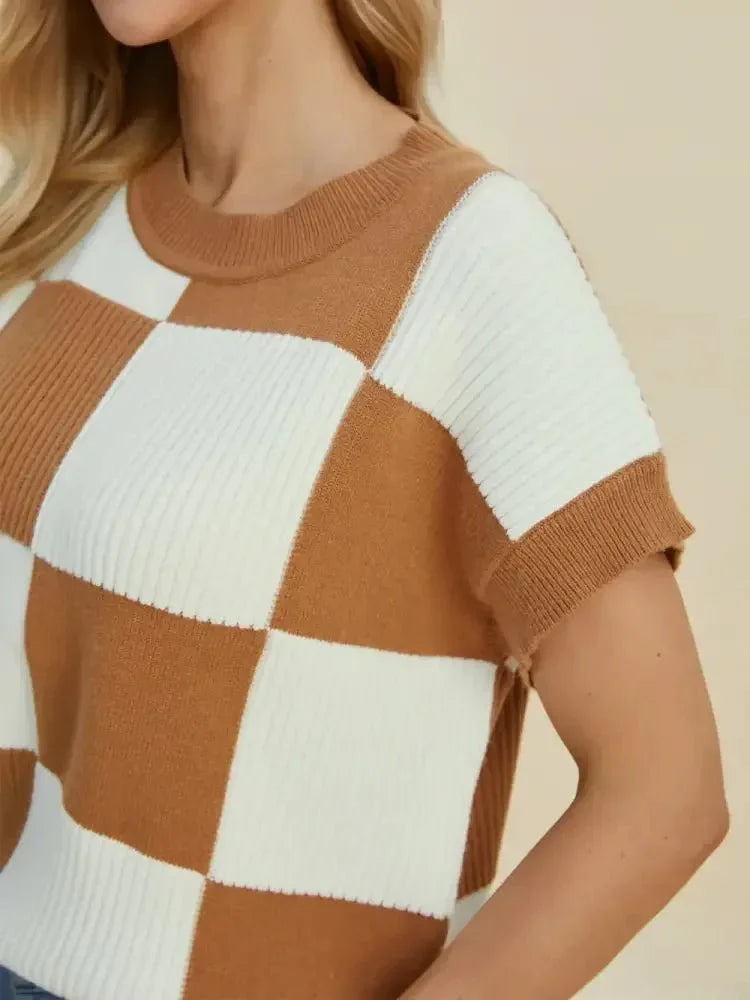 Double Take Full Size Checkered Round Neck Short Sleeve Sweater - Update AvenueTrendsi1001009292919341001009292919340bdecab1 - 3582 - 4bb1 - 8741 - 6fadd83bedee - MaxCamel