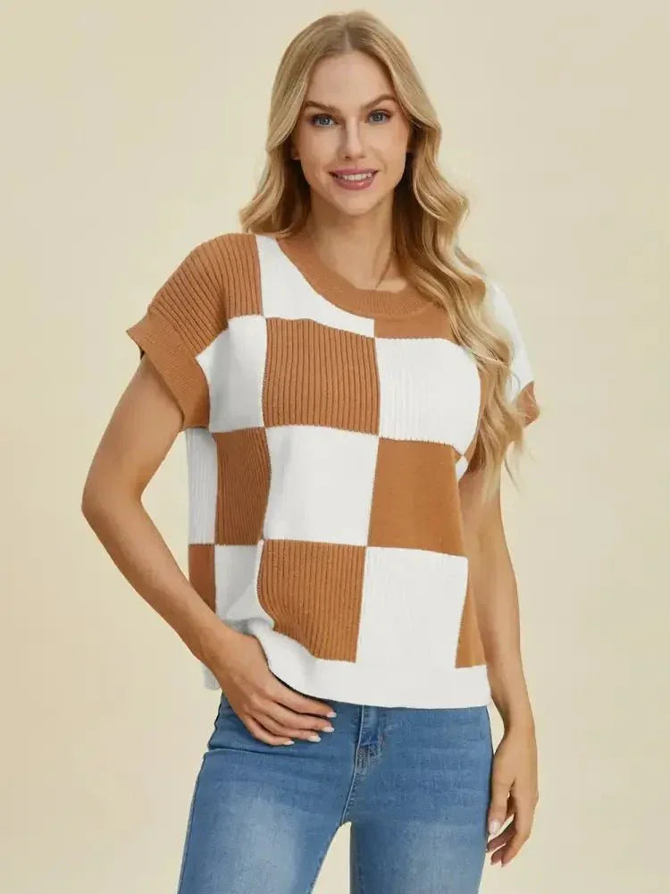 Double Take Full Size Checkered Round Neck Short Sleeve Sweater - Update AvenueTrendsi10010092929193410010092929193412a5570b - ada3 - 400f - 950f - 81537e16fa4a - MaxCamel