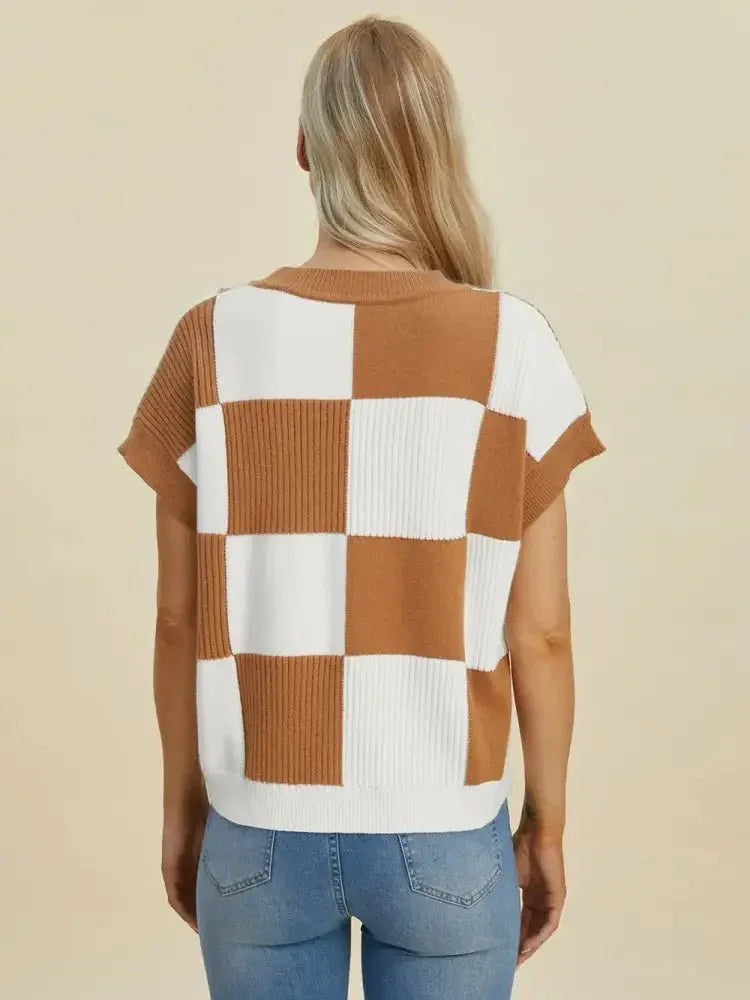 Double Take Full Size Checkered Round Neck Short Sleeve Sweater - Update AvenueTrendsi1001009292919341001009292919341d9206ea - 776e - 4ade - b8bf - 8187ab6fb7e0 - MaxCamel