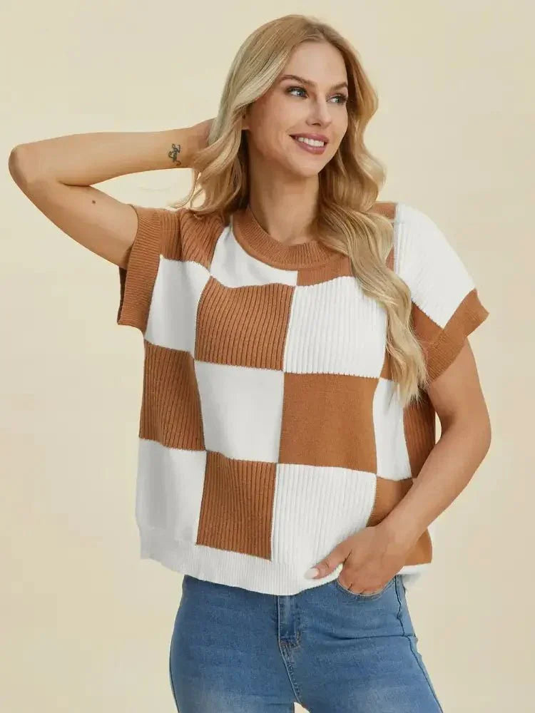 Double Take Full Size Checkered Round Neck Short Sleeve Sweater - Update AvenueTrendsi10010092929193410010092929193423b40a8d - 4666 - 4aa2 - b8ba - a033ac148ffd - MaxCamel