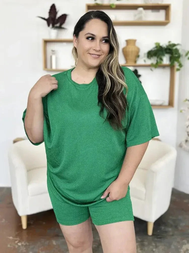 Double Take Full Size Texture Round Neck Drop Shoulder T-Shirt and Shorts Set - Update AvenueDaily EssentialsTrendsi10010067381317810010067381317892106de7 - 3115 - 49d7 - ac0c - e4788eb8413d - MaxMid Green