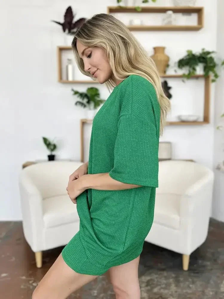 Double Take Full Size Texture Round Neck Drop Shoulder T-Shirt and Shorts Set - Update AvenueDaily EssentialsTrendsi10010067381317810010067381317806621ac3 - 94ad - 4282 - 9f43 - 6bd7cb6bdaac - MaxMid Green