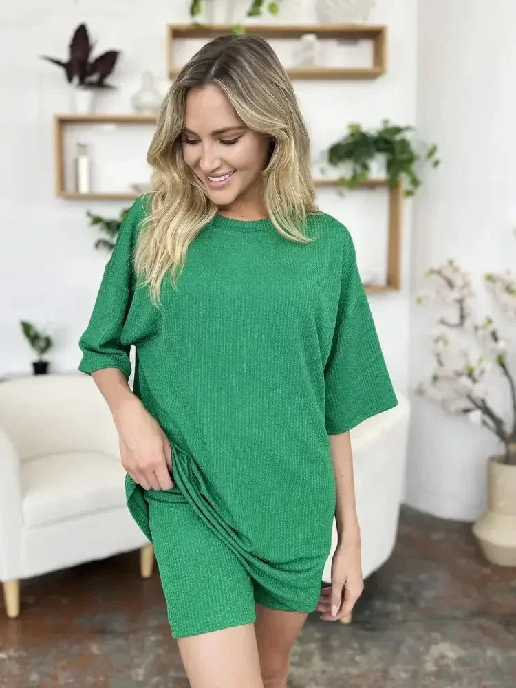 Double Take Full Size Texture Round Neck Drop Shoulder T-Shirt and Shorts Set - Update AvenueDaily EssentialsTrendsi100100673813178100100673813178faa4c32a - b08c - 4059 - 80cb - 54e294803d61 - MaxMid Green