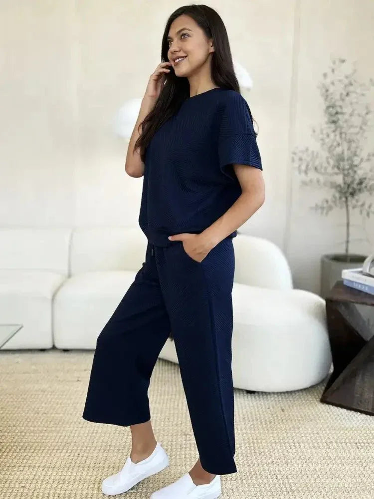 Double Take Full Size Texture Short Sleeve Top and Pants Set - Update AvenueVacation StyleTrendsi100102439211078100102439211078cbfab85b - 8366 - 4cbd - bfbb - d9fa40bb576e - MaxNavy