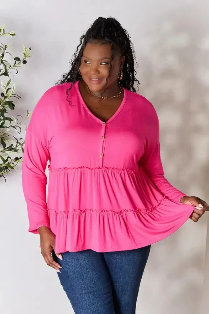 Double Take Half Button Long Sleeve Ruffle Hem Blouse - Update AvenueTrendsi1001012458801591001012458801597a2d9f4d07a649b39dd9696a4b556f47 - MaxHot Pink