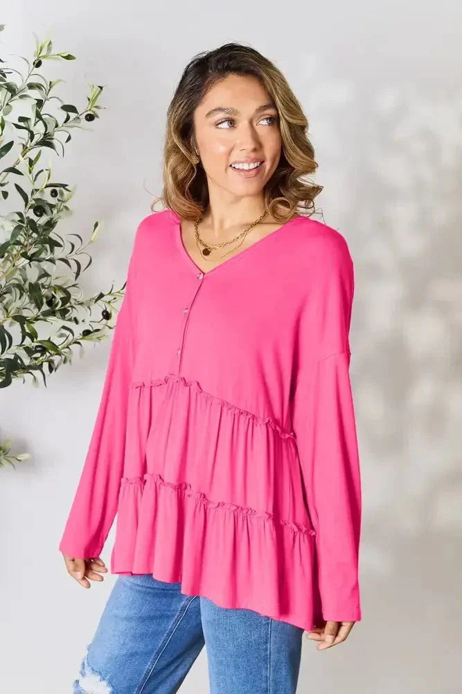 Double Take Half Button Long Sleeve Ruffle Hem Blouse - Update AvenueTrendsi1001012458801591001012458801598d6a0bd2a6914d6b9c6286a0f6a403a3 - MaxHot Pink