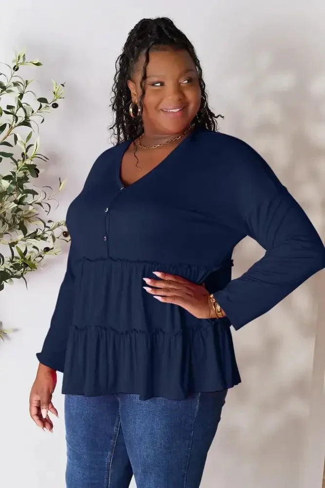 Double Take Half Button Long Sleeve Ruffle Hem Blouse - Update AvenueTrendsi1001012458821421001012458821425fa9b73f6fd140ef8c06c4be7334ee4a - MaxDark Blue