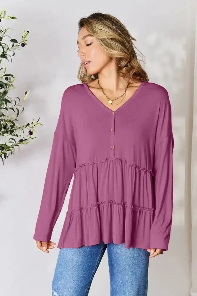Double Take Half Button Long Sleeve Ruffle Hem Blouse - Update AvenueTrendsi1001012458859501001012458859503290f58f31e5483ca723a1133fc5e022 - MaxLilac
